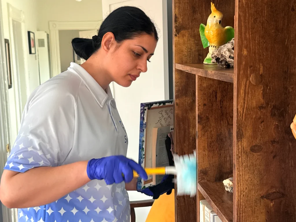 Sygora cleaner dusting a shelf with a microfiber duster.