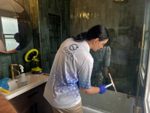 Sygora cleaner squeegeeing a glass shower door.