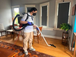 Sygora cleaner vacuuming a rug near a dining area.