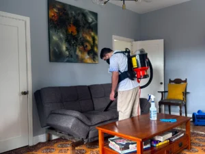 Sygora cleaner vacuuming a sofa with a backpack vacuum.